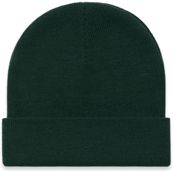 A dark green cuff beanie with a folded brim, featuring a simple design and a logo.