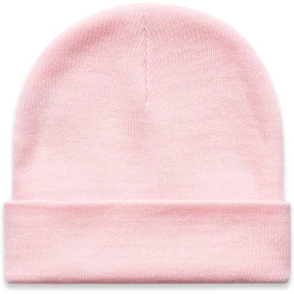 A pink Cuff Beanie with a folded cuff and a smooth texture. Features a subtle logo.