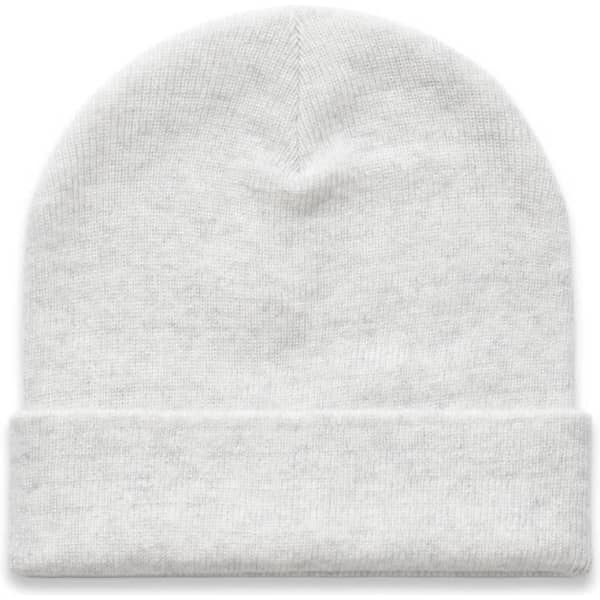 A grey cuff beanie with a folded brim, featuring a logo on the side.