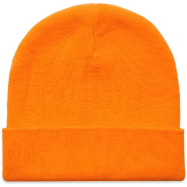 An orange beanie with a rolled cuff and a logo on it.