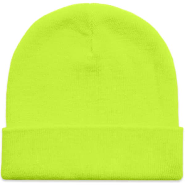A bright neon yellow beanie featuring a fold-over cuff and a simple design, with a logo on the side.