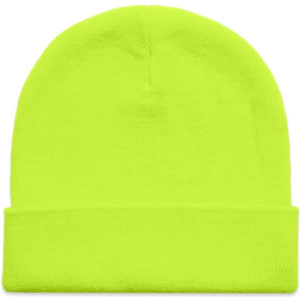 A bright yellow beanie with a folded cuff and a logo on the side.