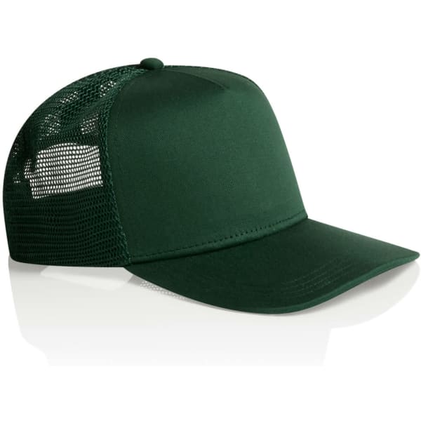 A green trucker cap with a solid front panel and mesh sides, featuring a logo on the front.