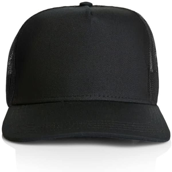 A black trucker cap featuring a solid front and mesh sides, designed for headwear. It includes a logo.