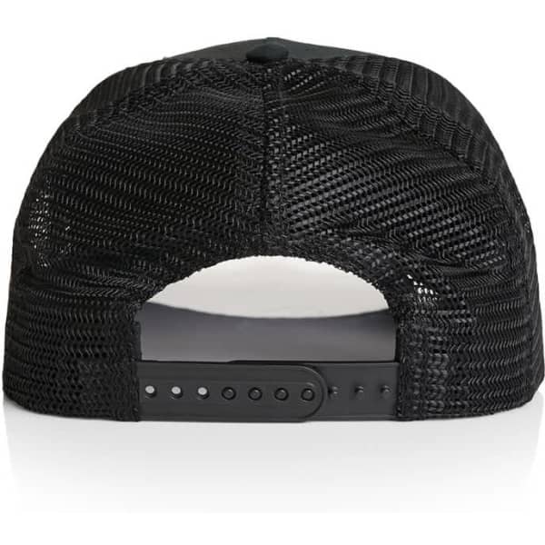 A black trucker cap featuring a mesh back and an adjustable strap. The cap has a logo on the back.