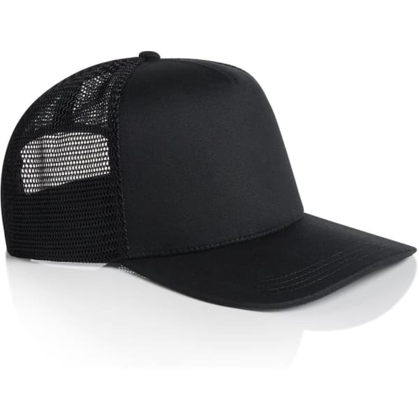 A black trucker cap featuring a solid front panel and mesh back, with a logo on the front.