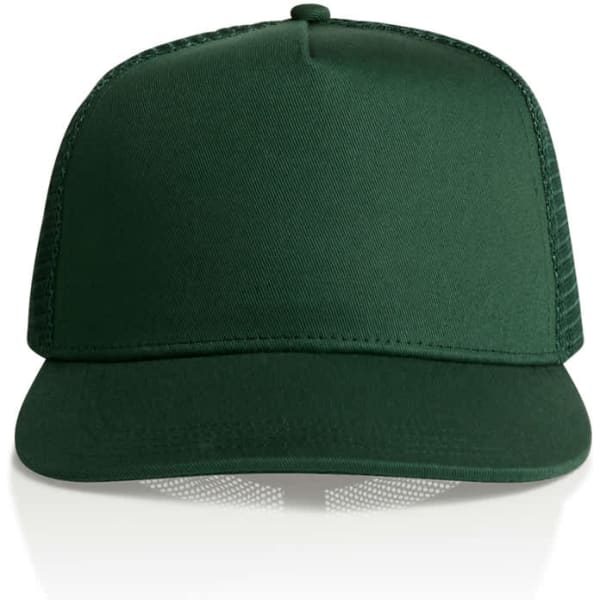 A green trucker cap with a solid front and mesh back, featuring a branded logo.