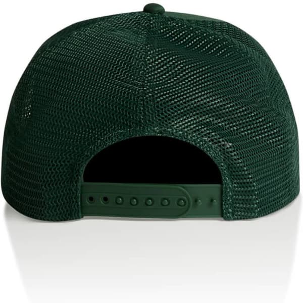 A green trucker cap featuring mesh detailing at the back and an adjustable snap closure.