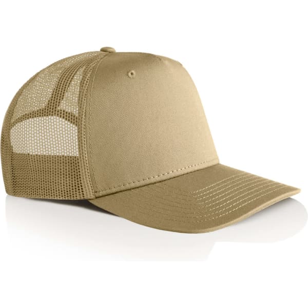A beige trucker cap featuring a mesh back and a structured front panel, with a logo on the front.