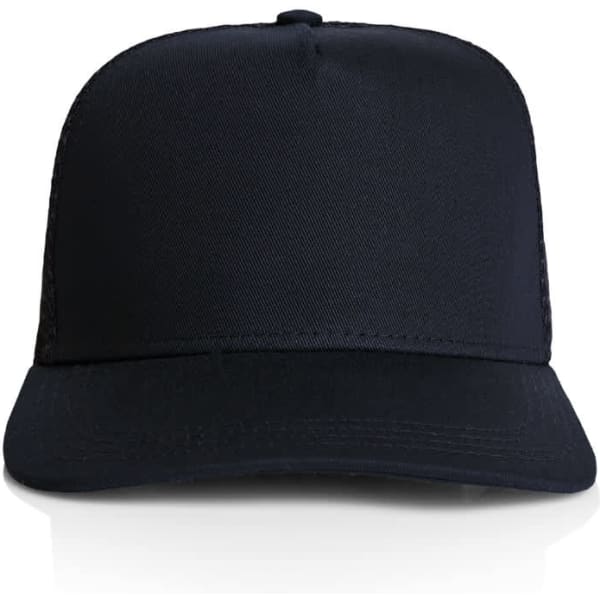 A black trucker cap with a structured front panel and mesh back, featuring a logo.