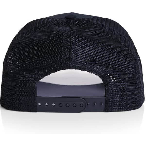A black trucker cap with a mesh back and an adjustable strap, featuring a logo on the back.