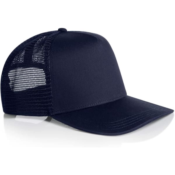 A navy trucker cap with a solid front panel and mesh back, featuring a logo on the front.