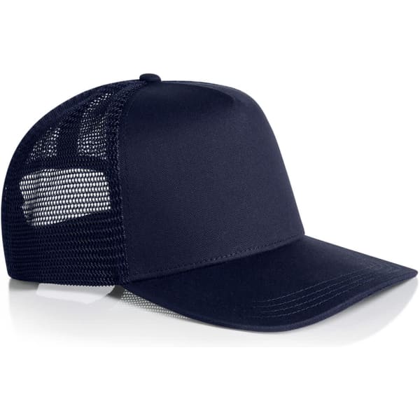 A navy trucker cap featuring a solid front and mesh back, with an adjustable strap and a logo.