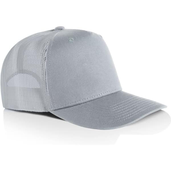 A grey trucker cap featuring a solid front panel and mesh back. Includes a logo on the front.
