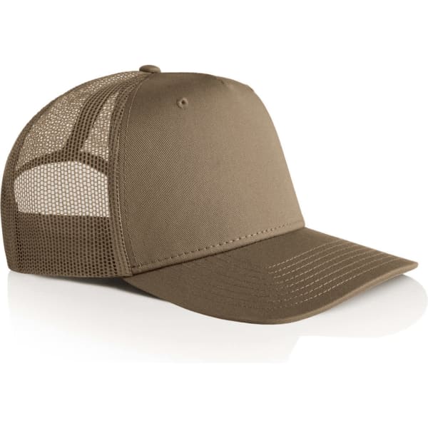 A khaki trucker cap featuring a mesh back and a solid front panel, with a curved brim and a logo.