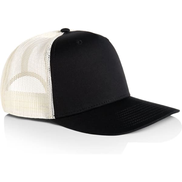 A black trucker cap with a mesh back and a solid black front. The cap features a logo on the front.