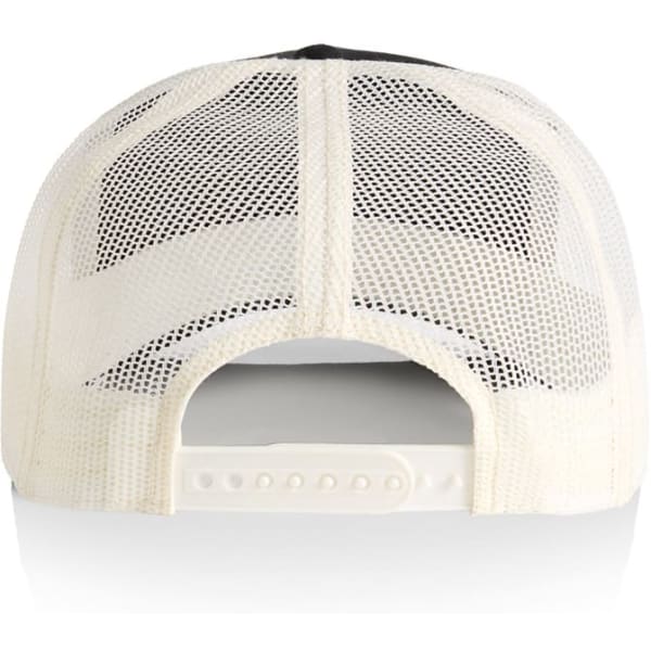 A black and white trucker cap with a mesh back and an adjustable strap at the rear. It features a logo.