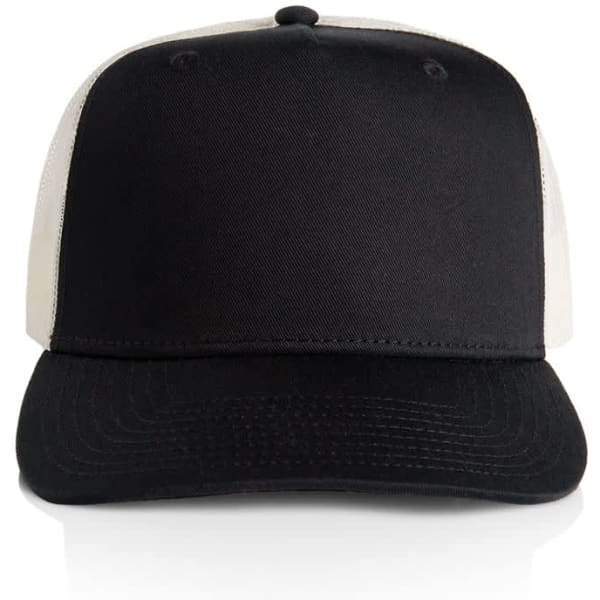 A black and cream trucker cap featuring a solid front panel and a mesh back, along with a branding logo.