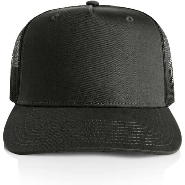 A black trucker cap with a solid front and mesh sides, featuring an adjustable strap at the back and a logo.