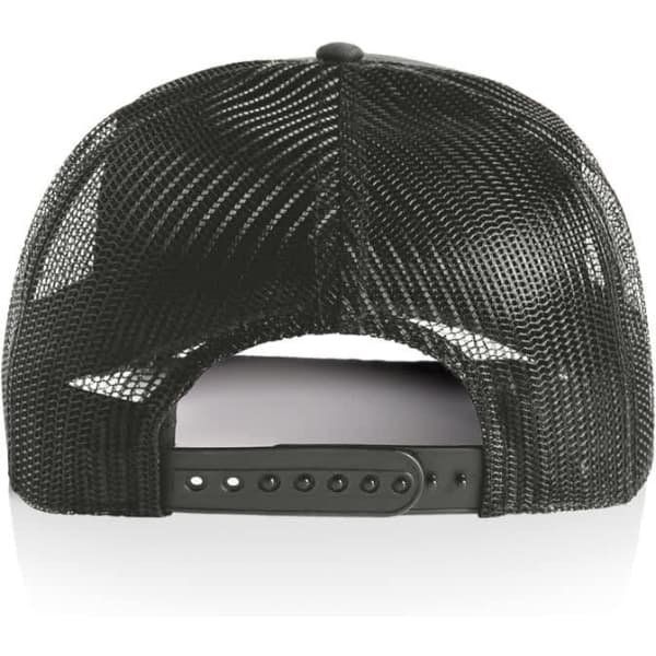 A black trucker cap with a mesh back and adjustable snap closure. The interior features a plain design.