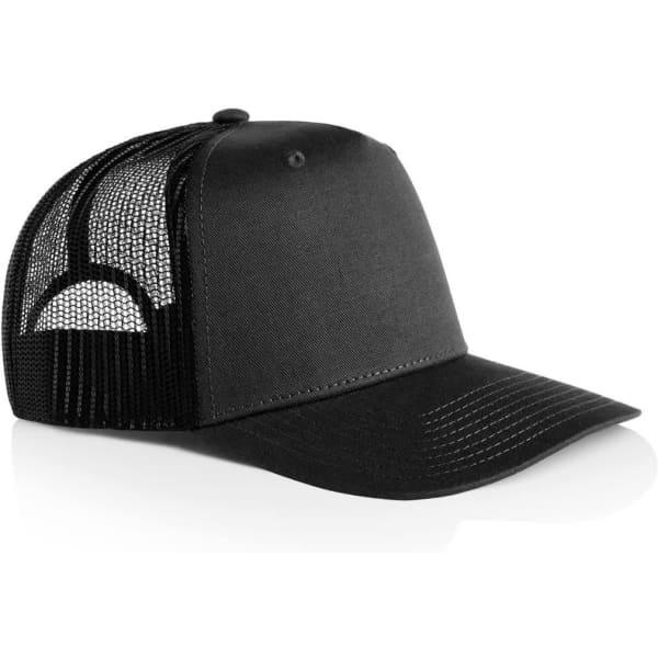 A black trucker cap with a solid front and mesh back, featuring a logo on the front.