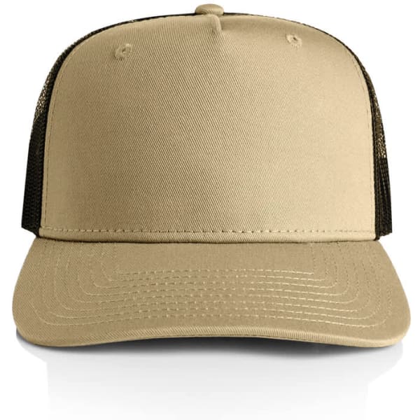 A beige trucker cap with a black mesh back and a structured front panel, featuring a logo on the front.