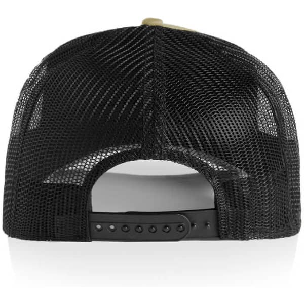 A black trucker cap with a mesh back and an adjustable strap. It features a solid front panel and no visible logo.
