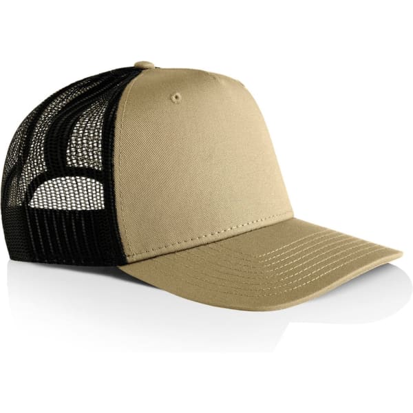 A beige trucker cap with a black mesh back, featuring a curved brim and a logo on the front.