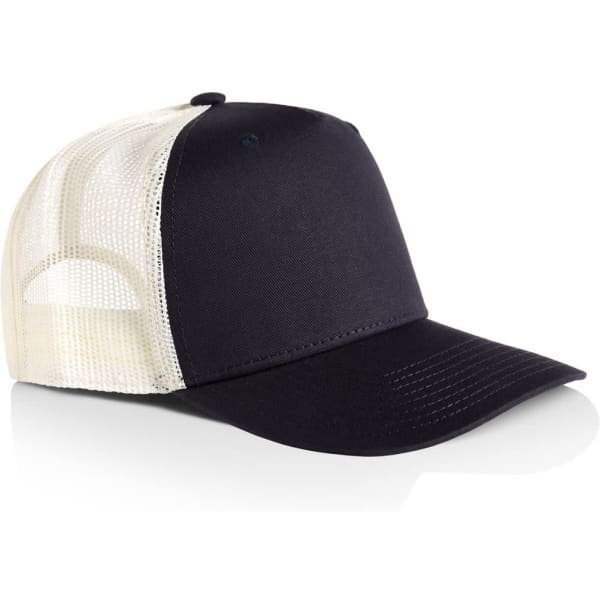A black trucker cap with a cream mesh back and a curved visor, featuring a logo on the front.