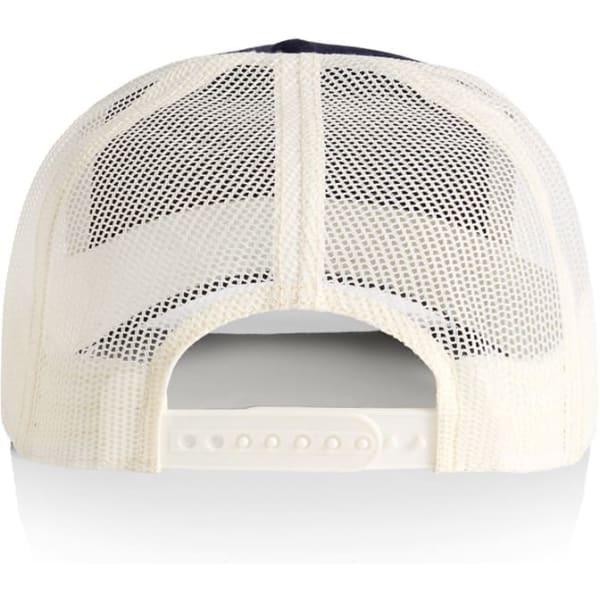 A trucker cap in navy and off-white with a mesh back and adjustable strap.