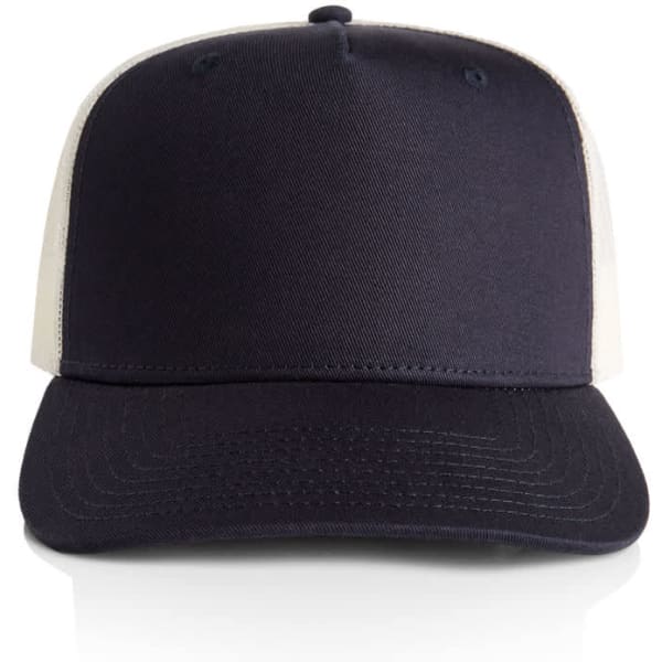 A navy and cream trucker cap featuring a mid-profile design and a logo.