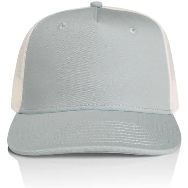 A grey and white trucker cap featuring a blank front panel and a curved brim, complete with a logo.