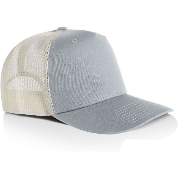 A grey and cream trucker cap featuring a structured front and mesh back, complete with a logo.