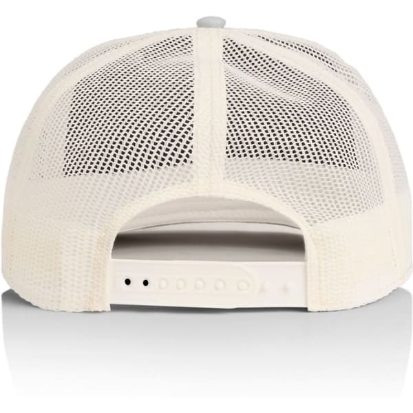 A trucker cap in white with a mesh back and an adjustable strap. Features a logo.