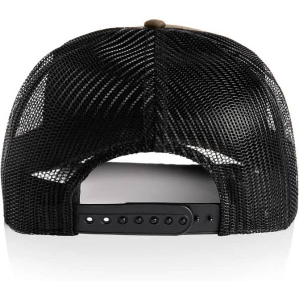 A black mesh trucker cap featuring a snapback closure at the rear.