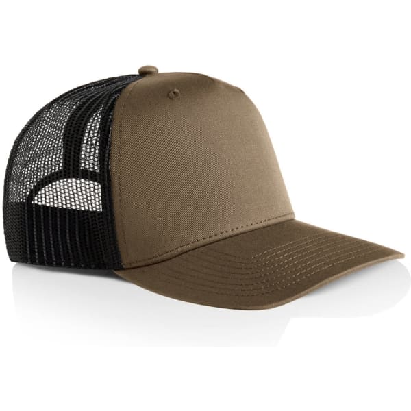 A brown trucker cap with a black mesh back and a curved peak, featuring a logo on the front.