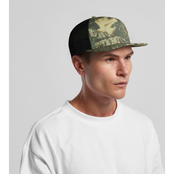 A camo trucker cap featuring a mix of green and black tones, with a mesh back and a logo.