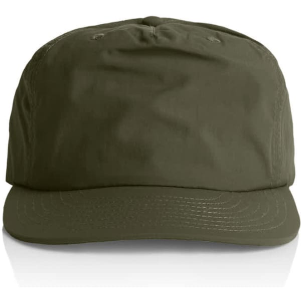 A green cap with a rounded top and a stiff brim, featuring a simple design and a logo on the front.