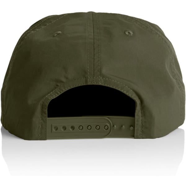 A green cap featuring an adjustable strap at the back and a subtle logo.