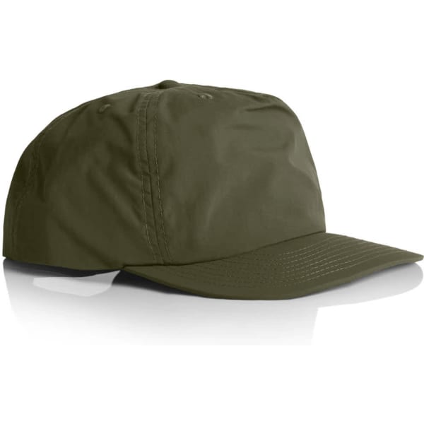 An olive green cap with a curved brim and a logo, featuring a lightweight, durable design.