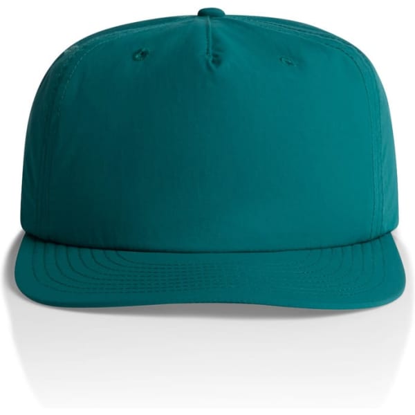 A teal cap with a structured front and a flat peak, featuring a logo on the front.