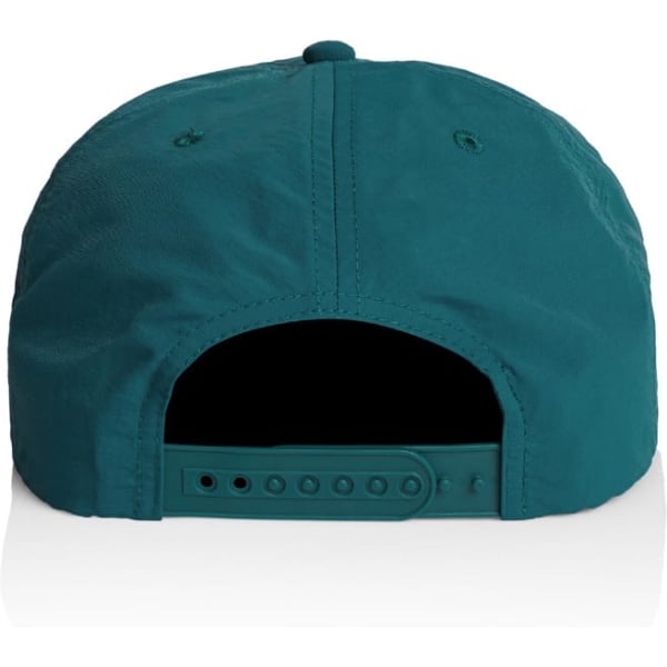 A teal cap with a back closure and a logo, featuring a smooth texture and curved brim.