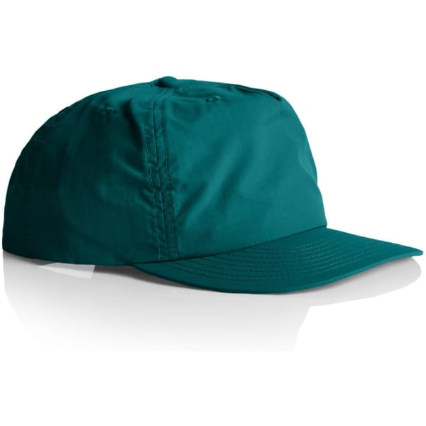 A teal cap with a curved brim and ventilation holes, featuring a logo on the front.