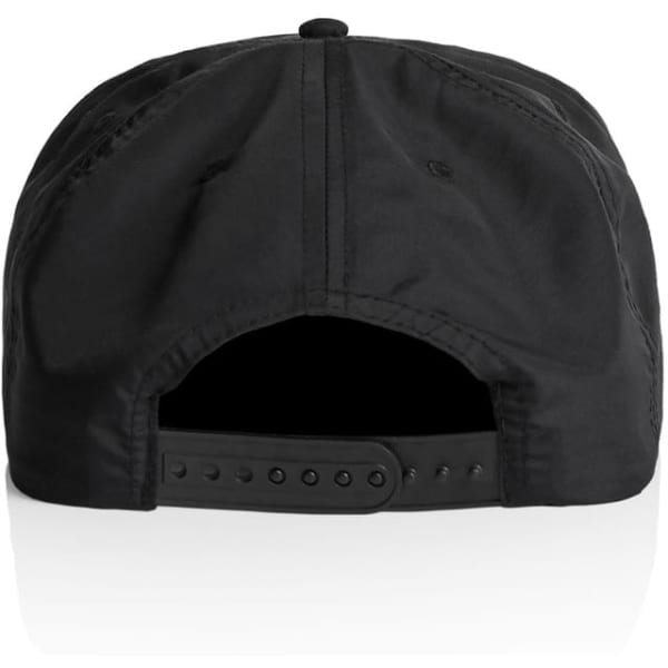 A black surf cap featuring a snapback closure and a textured fabric at the back. It has a logo.