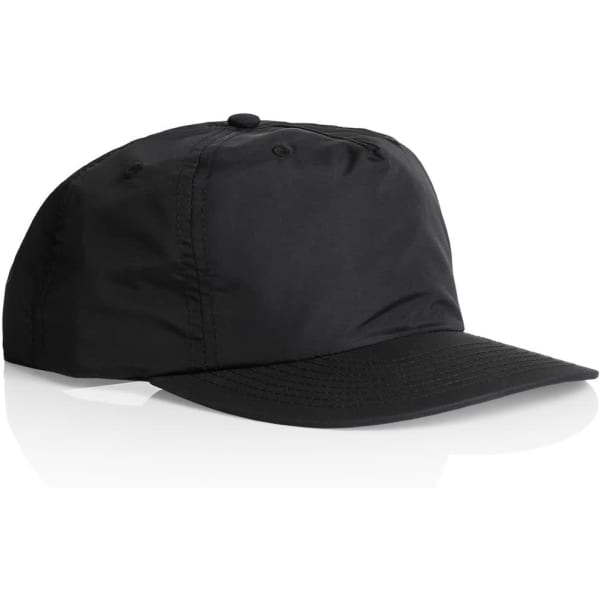 A black cap with a curved brim and a logo on the front, showcasing a sleek design.