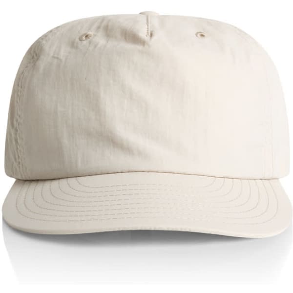A beige cap featuring a rounded crown and a curved brim, with a logo on the front.