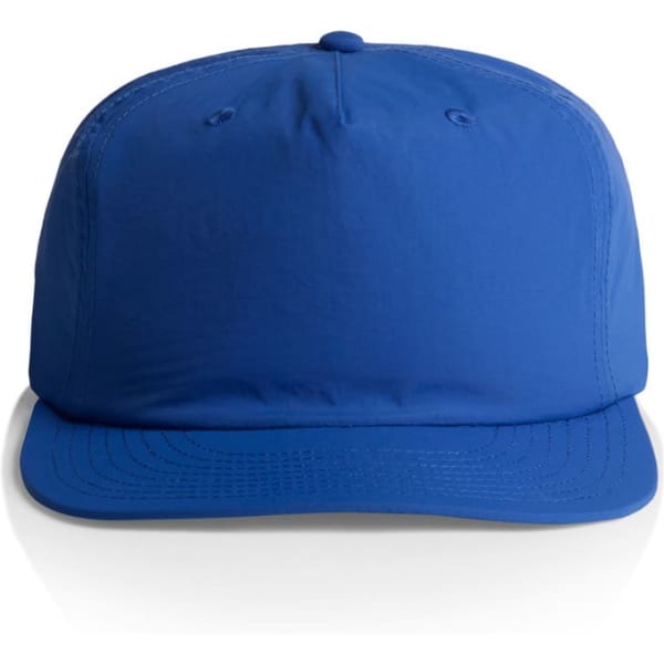 A blue cap with a structured front and a brim, featuring a logo on the front.