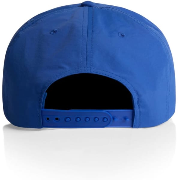 A blue cap with a flat brim and an adjustable strap at the back. Features a logo on the side.