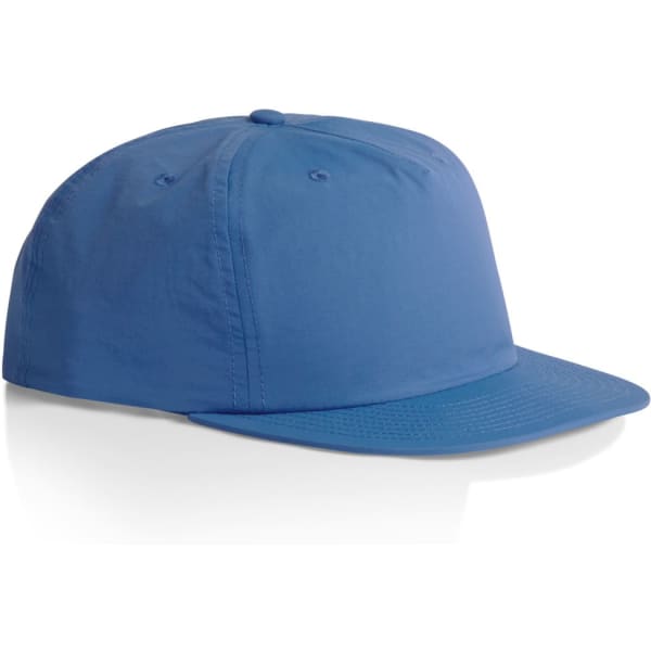 A blue cap with a flat brim, featuring a logo on the front.