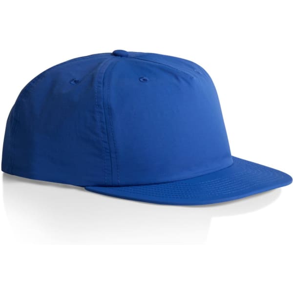 A blue cap with a flat brim and a logo is displayed on a white background.
